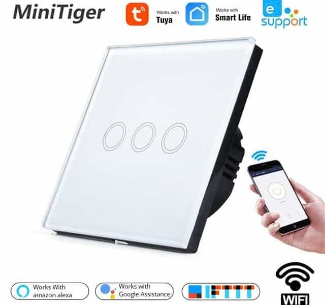 Minitiger Smart Home Wifi Wall Light Touch Switch 3 Gang WiFi/433 RF/APP Remote Wifi Light Switch Crystal Glass Panel