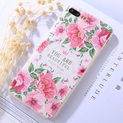 Protective Case for iPhone 8 Plus & 7 Plus Embossment YOU ARE BEAUTIFUL Peony Pattern Soft TPU