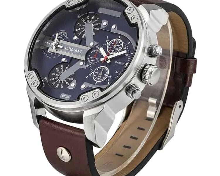 CAGARNY 6820 Fashionable Multifunctional Style Quartz Business Sport Wrist Watch with Leather Band & GMT Time & Calendar & Luminous Display for Men (Brown)