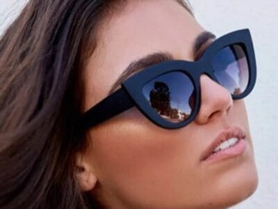 Cat Eye Mirrored Metal Frame Sunglasses for Women UV400 (Black+White)