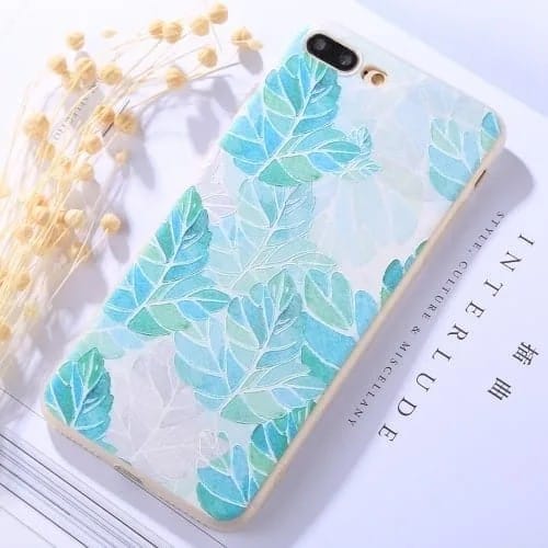 Protective Case for iPhone 8 Plus & 7 Plus Embossment Green Leaves Pattern Soft TPU