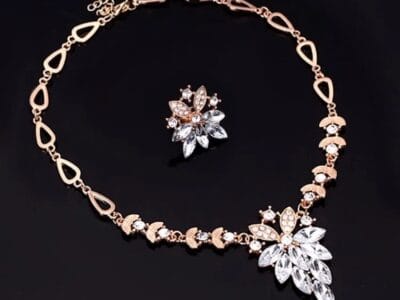 Fashion Diamond-shape Leaves Flowers Necklaces Rings Jewelry 2 PCS Set for Women (White)