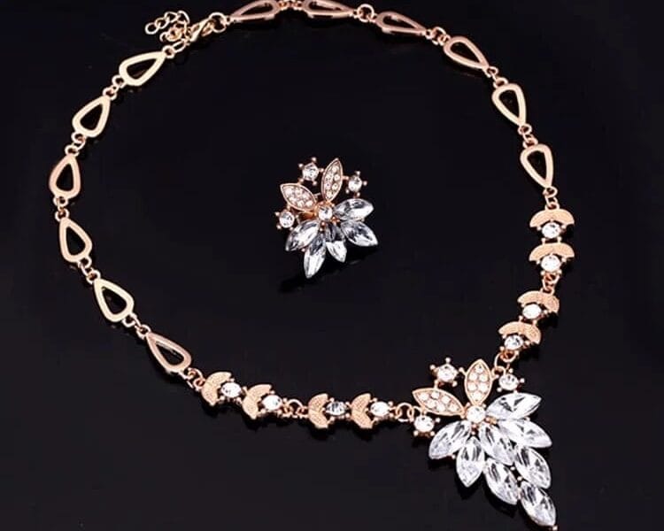 Fashion Diamond-shape Leaves Flowers Necklaces Rings Jewelry 2 PCS Set for Women (White)