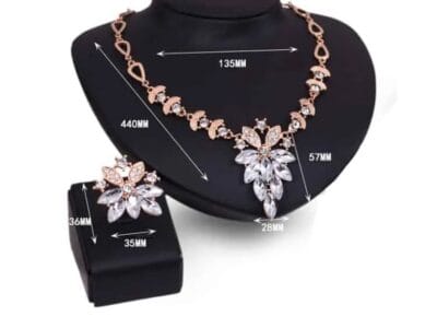 Fashion Diamond-shape Leaves Flowers Necklaces Rings Jewelry 2 PCS Set for Women (White)