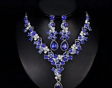 Wreath Necklace Long Earrings for Ladies Fashion Prestige Temperament Rhinestone Jewelry 2PCs Set (Blue)