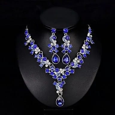 Wreath Necklace Long Earrings for Ladies Fashion Prestige Temperament Rhinestone Jewelry 2PCs Set (Blue)