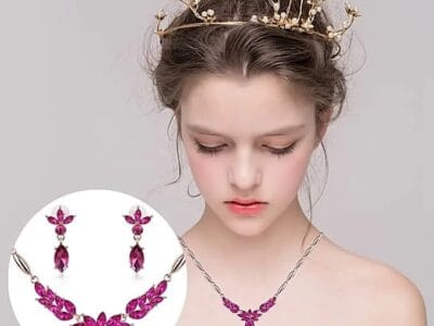 Wreath Diamond-shape Necklace Earrings Ladies Innovative Novel Fashion Jewelry Set (Rose Red)