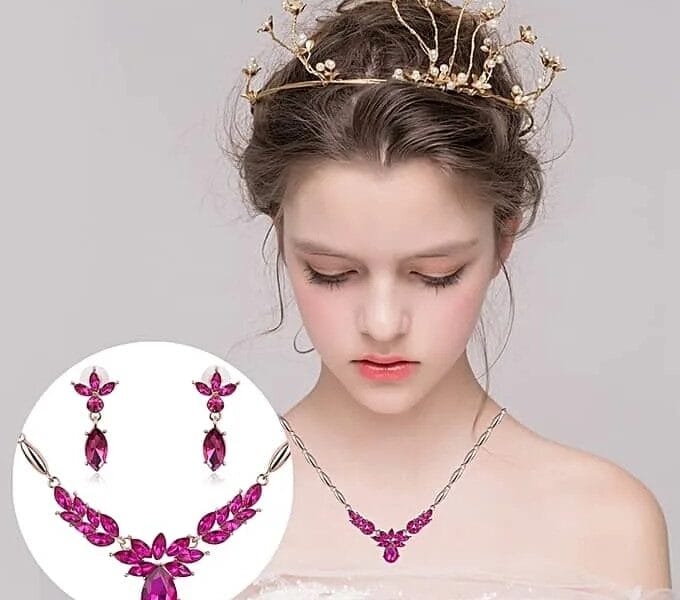Wreath Diamond-shape Necklace Earrings Ladies Innovative Novel Fashion Jewelry Set (Rose Red)