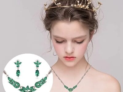 Wreath Diamond-shape Necklace Earrings Ladies Innovative Novel Fashion Jewelry Set (Green)