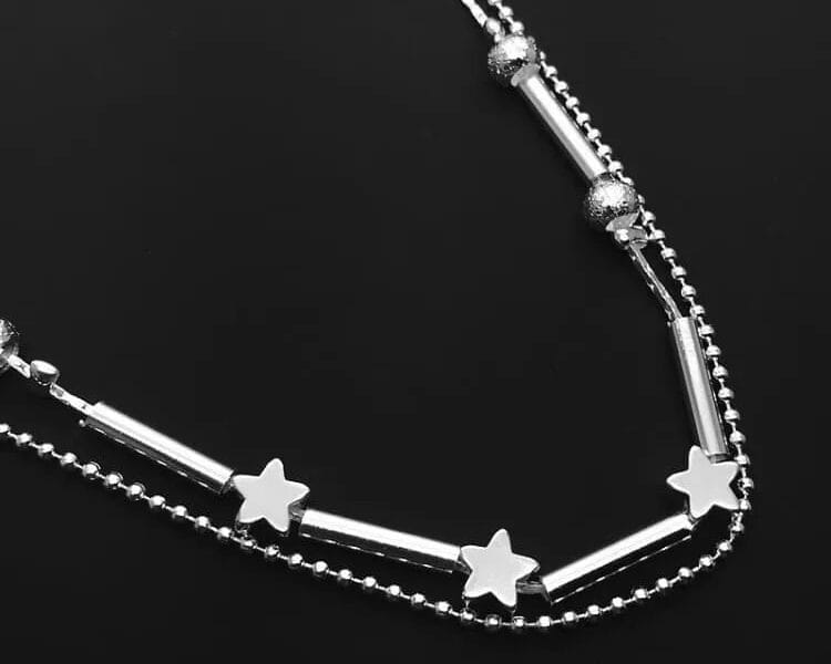 Fashion Jewelry Double Powder Beads and Stars Silver Plated Anklets (Silver)