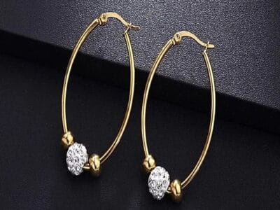 Women Wedding Fashion Jewelry Crystal Inlaid Beaded Titanium Steel Hoop Earrings (Gold)