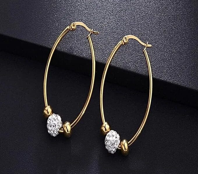 Women Wedding Fashion Jewelry Crystal Inlaid Beaded Titanium Steel Hoop Earrings (Gold)