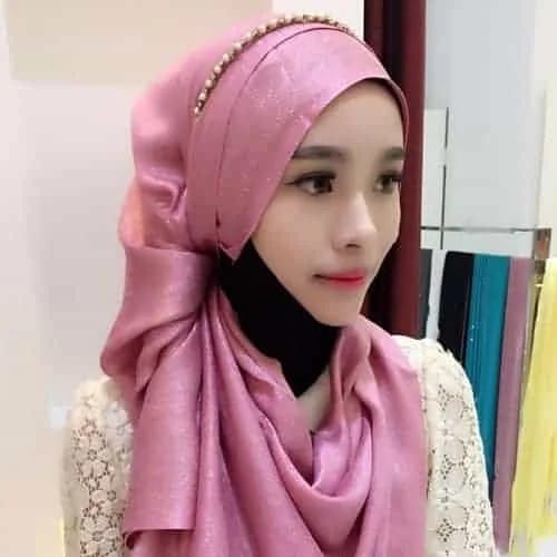 Hijab Scarf Fashion Gold Silk Cotton Female Long Scarf Folk Style (Pink)