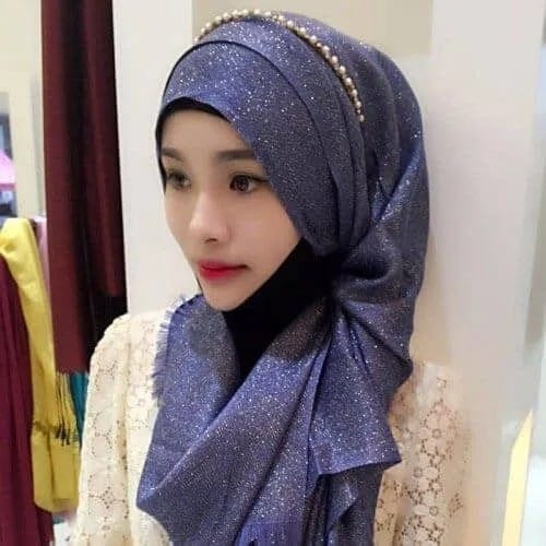 Hijab Scarf Fashion Gold Silk Cotton Female Long Scarf Folk Style (Light Purple)