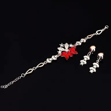 Fashion Diamond-shape Leaves Flowers Bracelets Earrings Jewelry 2 PCS Set for Women (Red)