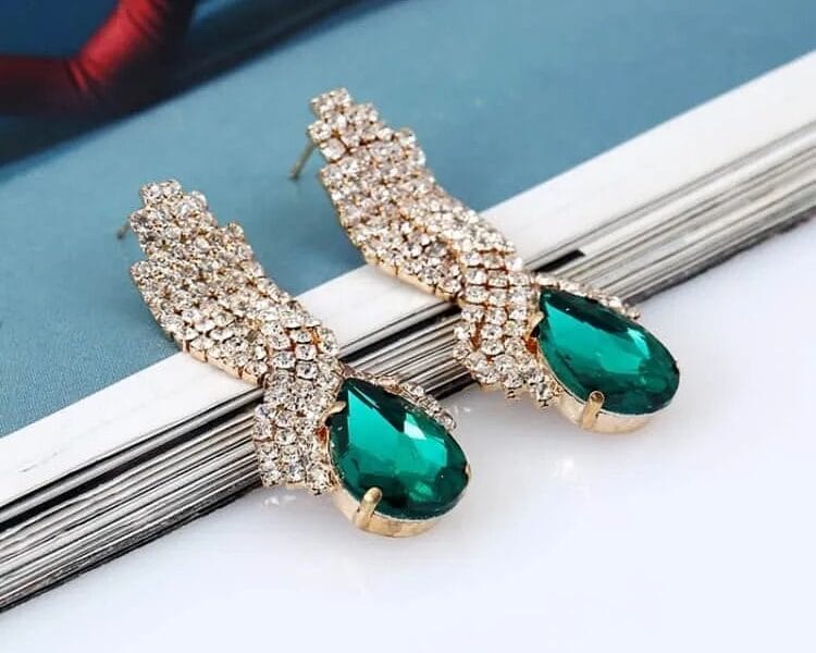 Ladies Vintage Luxury Diamond-shape Drop Long Earrings 1 Pair (Green)