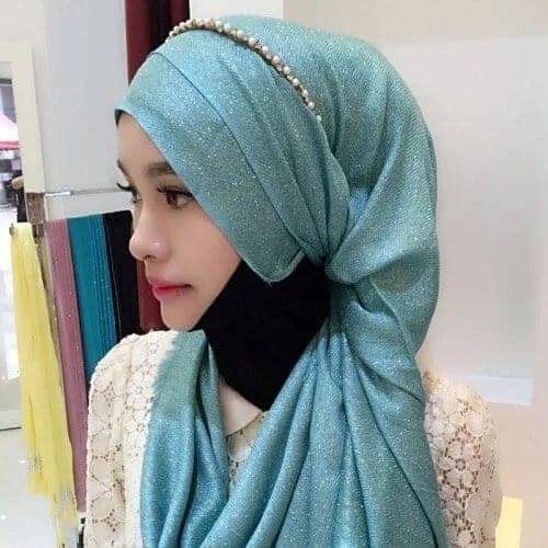 Hijab Scarf Fashion Gold Silk Cotton Female Long Scarf Folk Style (Ocean Blue)