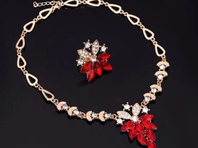 Fashion Diamond-shape Leaves Flowers Necklaces Rings Jewelry 2 PCS Set for Women (Red)