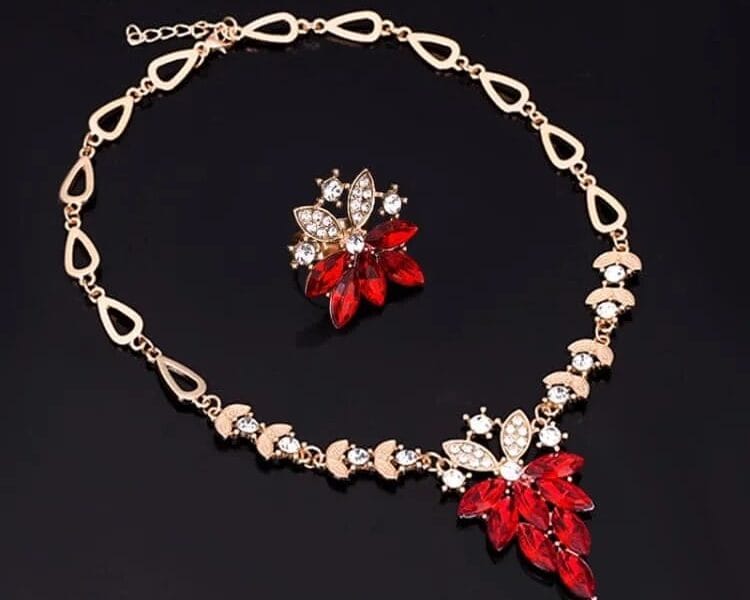 Fashion Diamond-shape Leaves Flowers Necklaces Rings Jewelry 2 PCS Set for Women (Red)