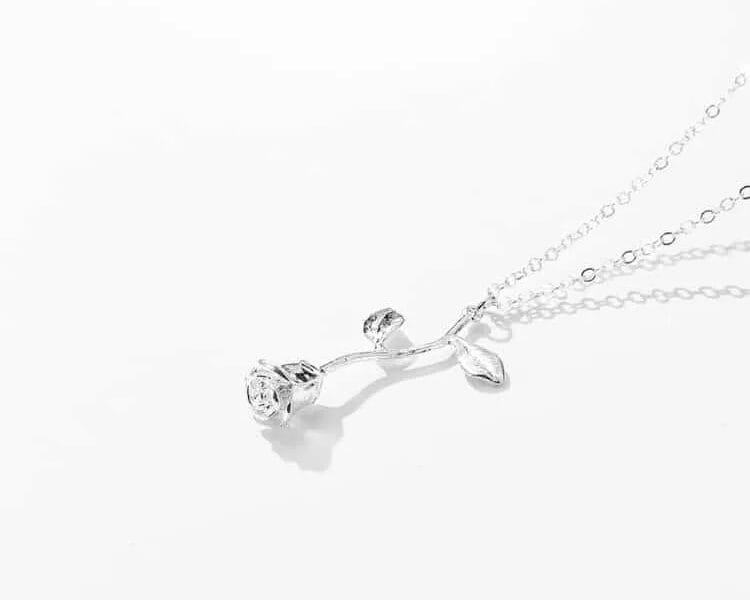 Valentines Day Gift Rose Flower Pendant Jewelry Chain Necklace (Silver)
