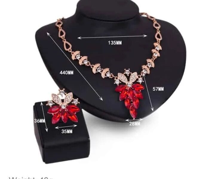 Fashion Diamond-shape Leaves Flowers Necklaces Rings Jewelry 2 PCS Set for Women (Red)
