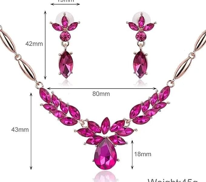 Wreath Diamond-shape Necklace Earrings Ladies Innovative Novel Fashion Jewelry Set (Rose Red)