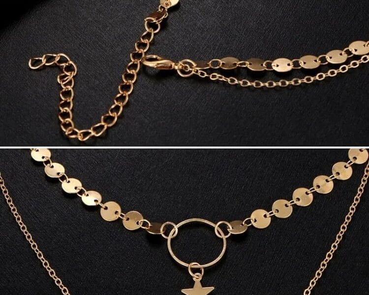 Handmade Sequins Star Tassels Circle Clavicle Chain Long Pendant Double-layer Chain (Gold)