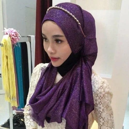 Hijab Scarf Fashion Gold Silk Cotton Female Long Scarf Folk Style (Purple)