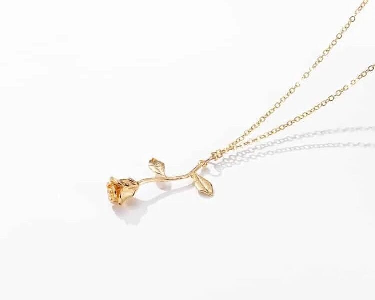 Valentines Day Gift Rose Flower Pendant Jewelry Chain Necklace (Gold)