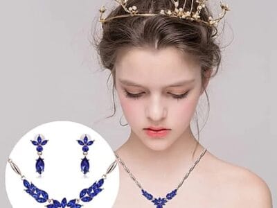 Wreath Diamond-shape Necklace Earrings Ladies Innovative Novel Fashion Jewelry Set (Blue)