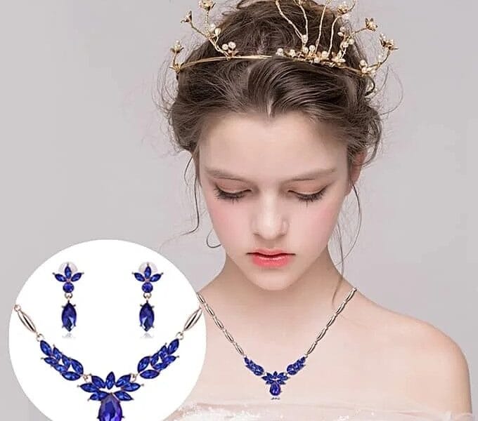 Wreath Diamond-shape Necklace Earrings Ladies Innovative Novel Fashion Jewelry Set (Blue)
