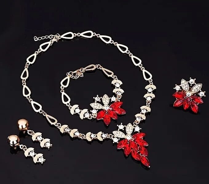 Fashion Diamond-shape Leaves Flowers Necklaces Rings Bracelets Earrings Jewelry Set 4 PCS for Women (Red)