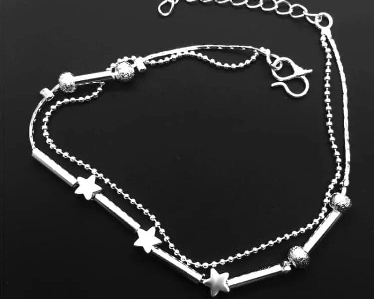 Fashion Jewelry Double Powder Beads and Stars Silver Plated Anklets (Silver)