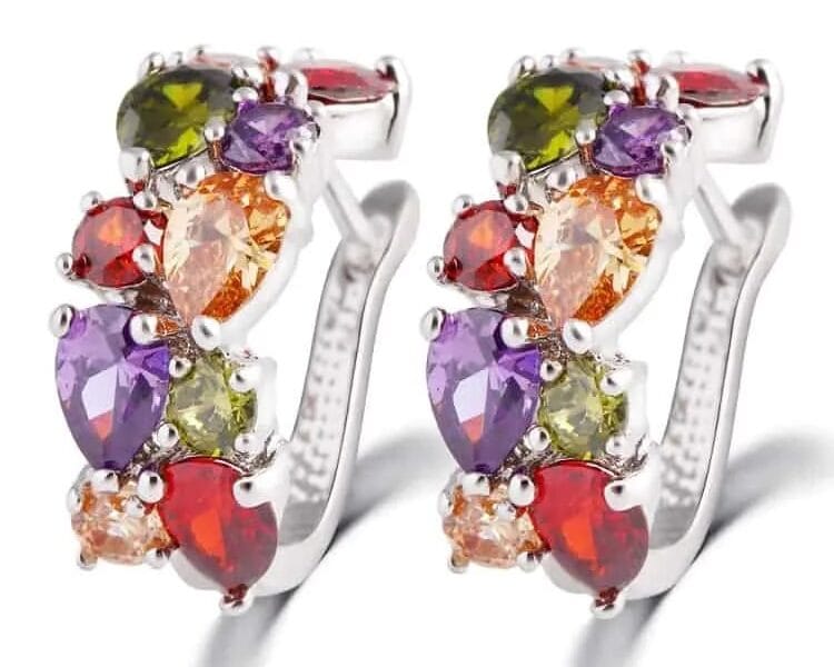 Colorful Zircon Earrings Stud Jewelry For Women And Girls (Silver)
