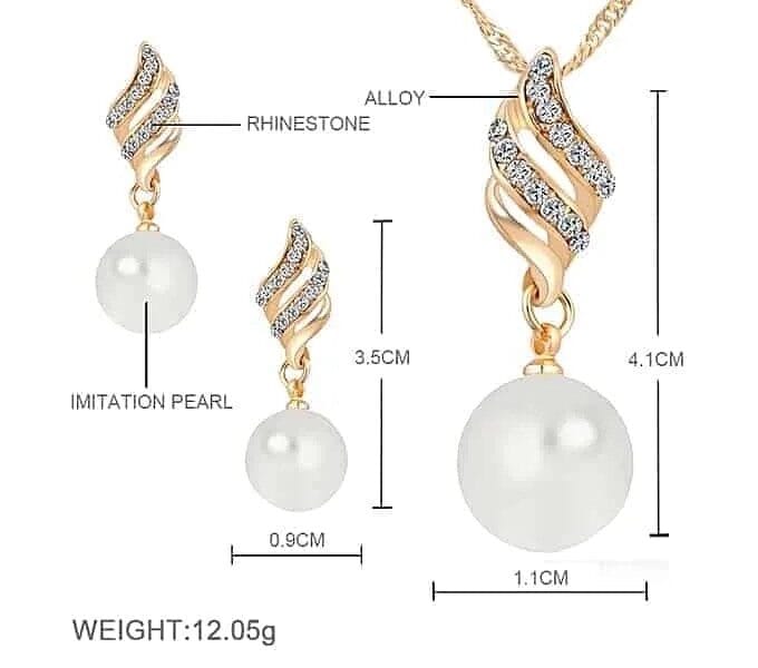 Pearl and Rhinestone Pendant Necklace and Earrings (Gold)