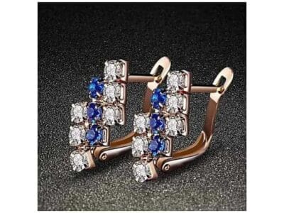 Earring For Women 1 Pair Of 18 k Gold Irregular Geometrical Sterling Silver Crystal Stud 21*9 mm (Blue)
