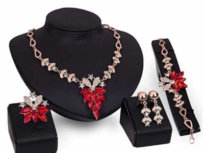 Fashion Diamond-shape Leaves Flowers Necklaces Rings Bracelets Earrings Jewelry Set 4 PCS for Women (Red)