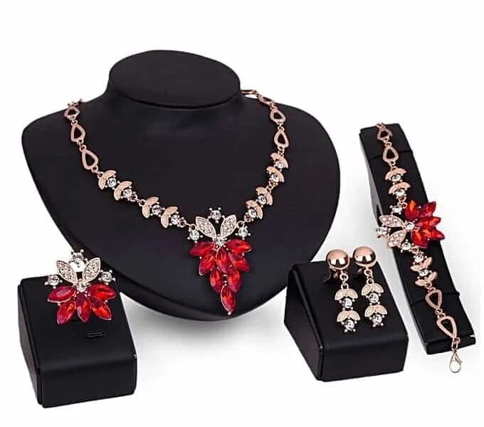 Fashion Diamond-shape Leaves Flowers Necklaces Rings Bracelets Earrings Jewelry Set 4 PCS for Women (Red)