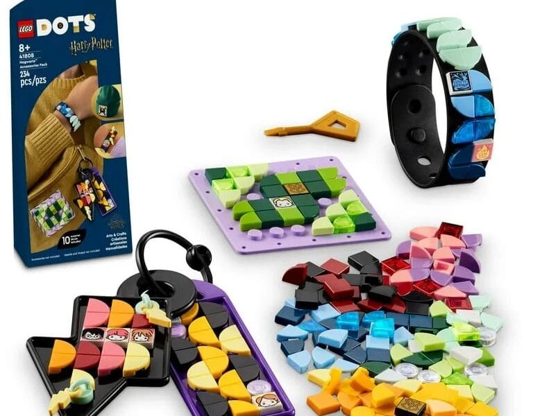 LEGO DOTS Hogwarts Accessories Pack 41808, Harry Potter Themed Jewelry Making Kit with Bracelet, 2 Bag Tags and Stich-on Patch, DIY Craft Toy Set for Kids