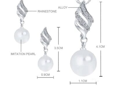 Pearl and Rhinestone Pendant Necklace and Earrings (Silver)