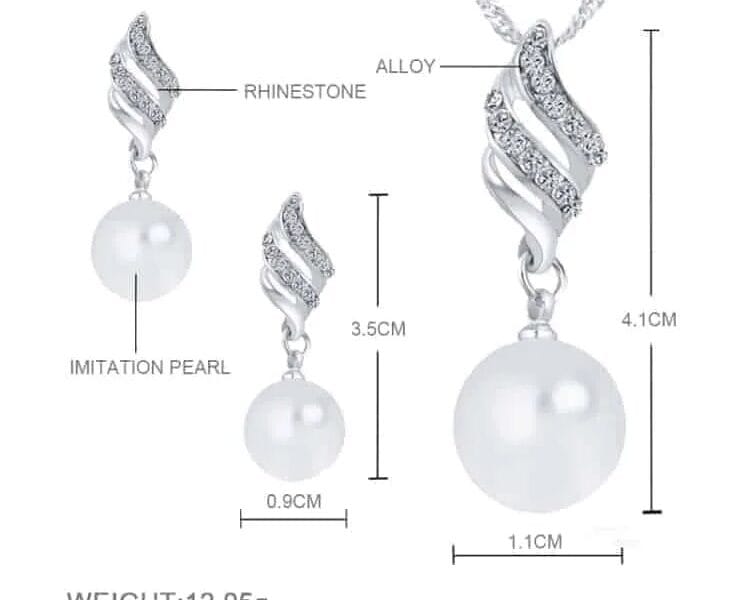 Pearl and Rhinestone Pendant Necklace and Earrings (Silver)