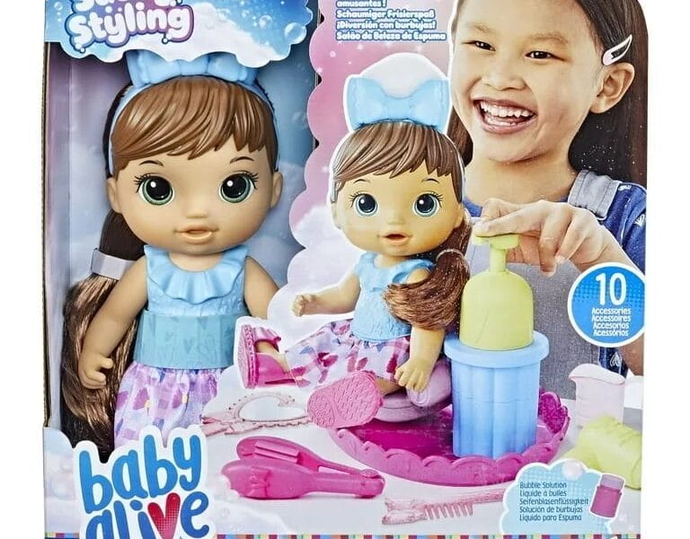 Baby Alive: Sudsy Styling 14-Inch Doll Brown Hair, Green Eyes Kids Toy for Boys and Girls