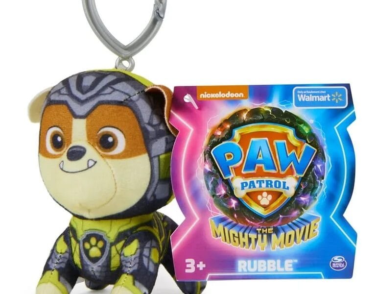 PAW Patrol: The Mighty Movie, 4-Inch Tall Rubble Plush Toy with Keychain Clip for Kids 3+