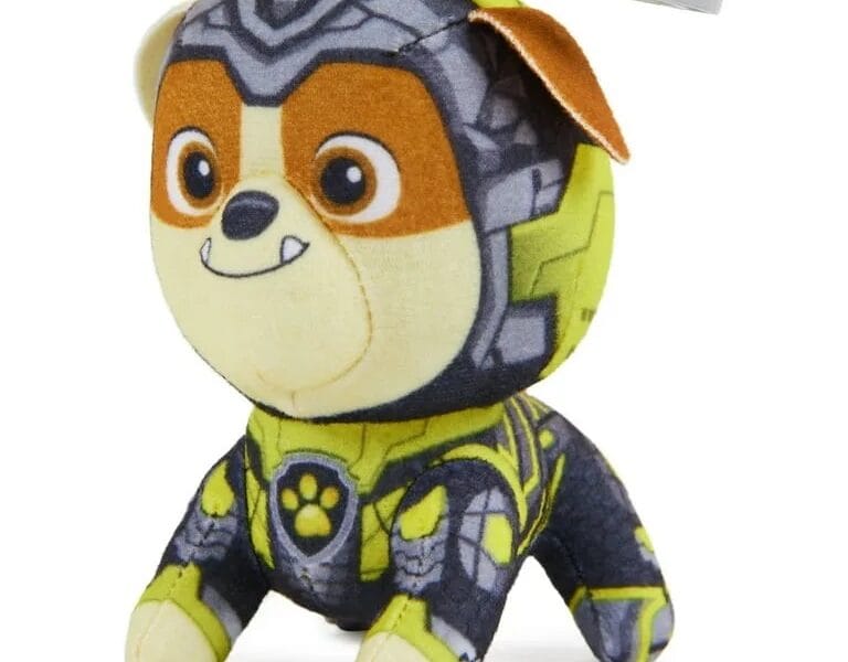 PAW Patrol: The Mighty Movie, 4-Inch Tall Rubble Plush Toy with Keychain Clip for Kids 3+