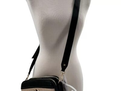 Time and Tru Women’s Annamarie Woven Cross Body Bag Black Gold w/Tan Straw