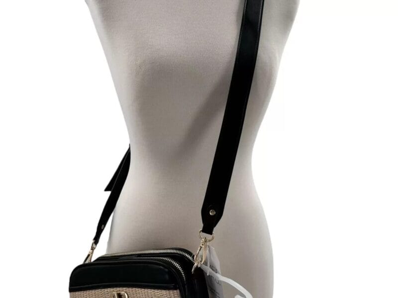 Time and Tru Women’s Annamarie Woven Cross Body Bag Black Gold w/Tan Straw