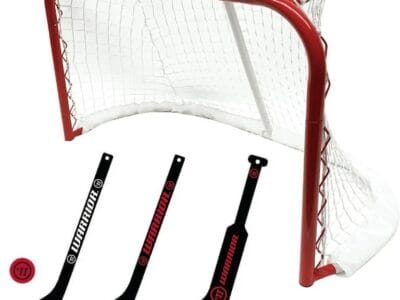 Warrior Pro Mini Metal Hockey Goal Combo Set – 30″ Net 2 Mini Player 1 Mini Goalie Stick and Ball