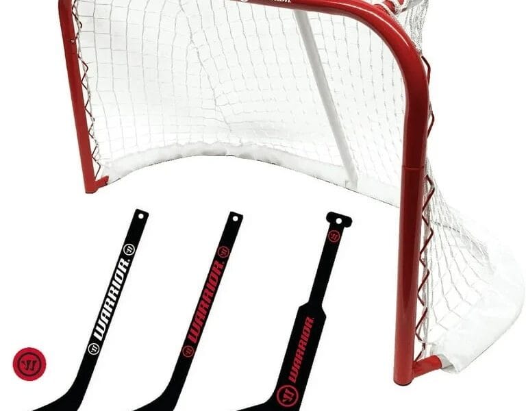 Warrior Pro Mini Metal Hockey Goal Combo Set – 30″ Net 2 Mini Player 1 Mini Goalie Stick and Ball
