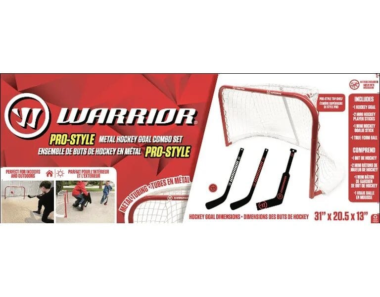 Warrior Pro Mini Metal Hockey Goal Combo Set – 30″ Net 2 Mini Player 1 Mini Goalie Stick and Ball