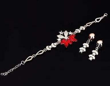Fashion Diamond-shape Leaves Flowers Bracelets Earrings Jewelry 2 PCS Set for Women (Red)